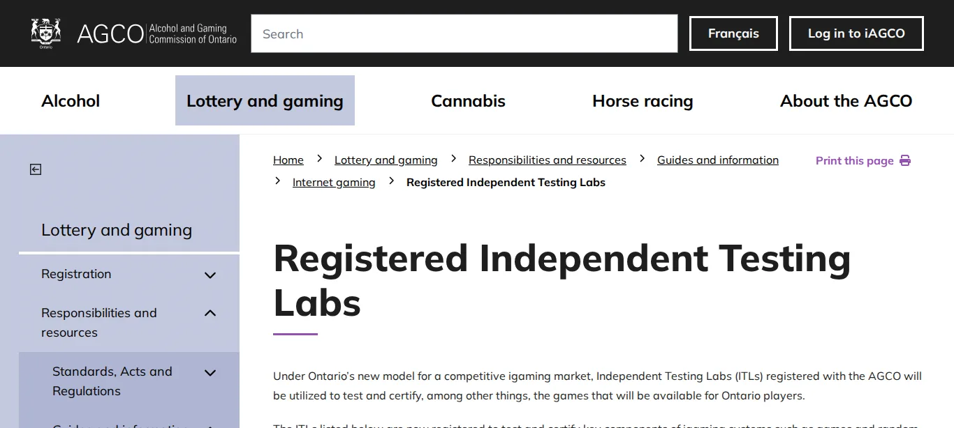 AGCO's own registered independent testing labs page listing GLI, iTech Labs and approved RNG certifiers