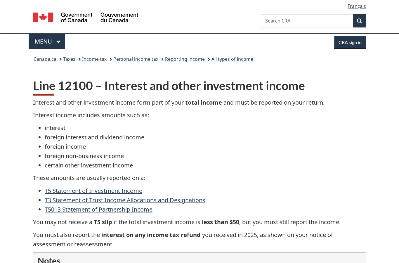 CRA's own line 12100 guidance page on reporting interest and other investment income