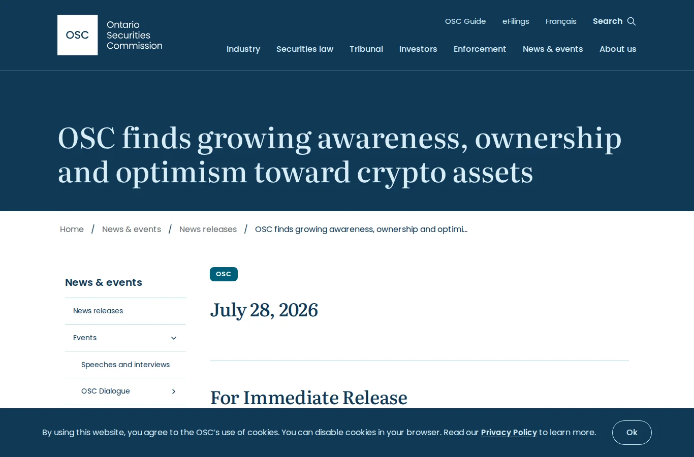 Ontario Securities Commission news page reporting the 2026 crypto assets ownership survey