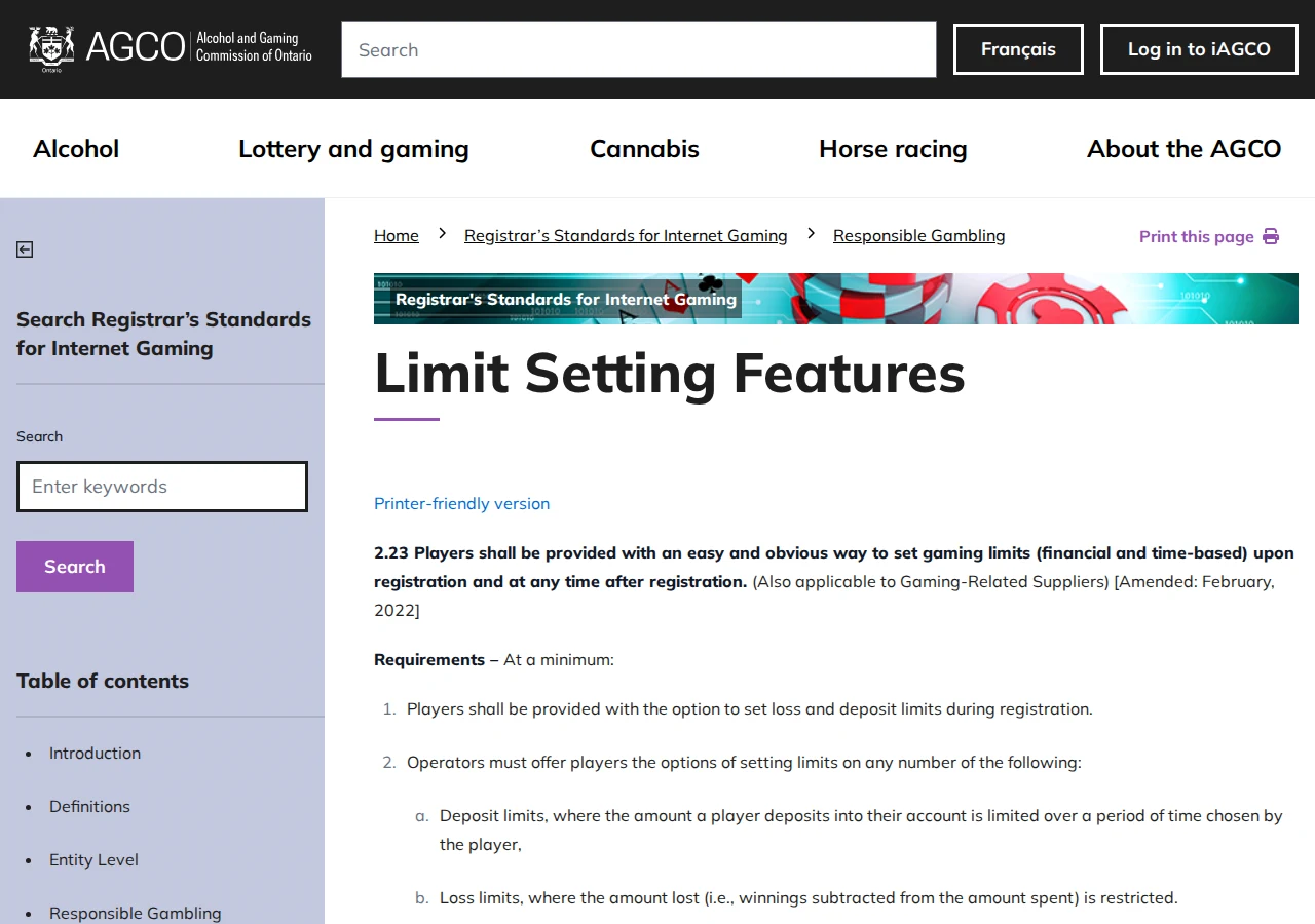 AGCO Registrar's Standards page listing mandatory deposit and loss limit rules
