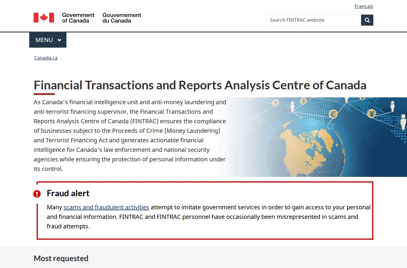 Screenshot of Canada's FINTRAC anti-money-laundering regulator homepage