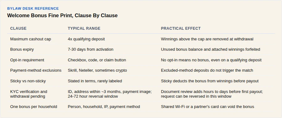 Chart of seven welcome bonus fine print clauses and their practical effects