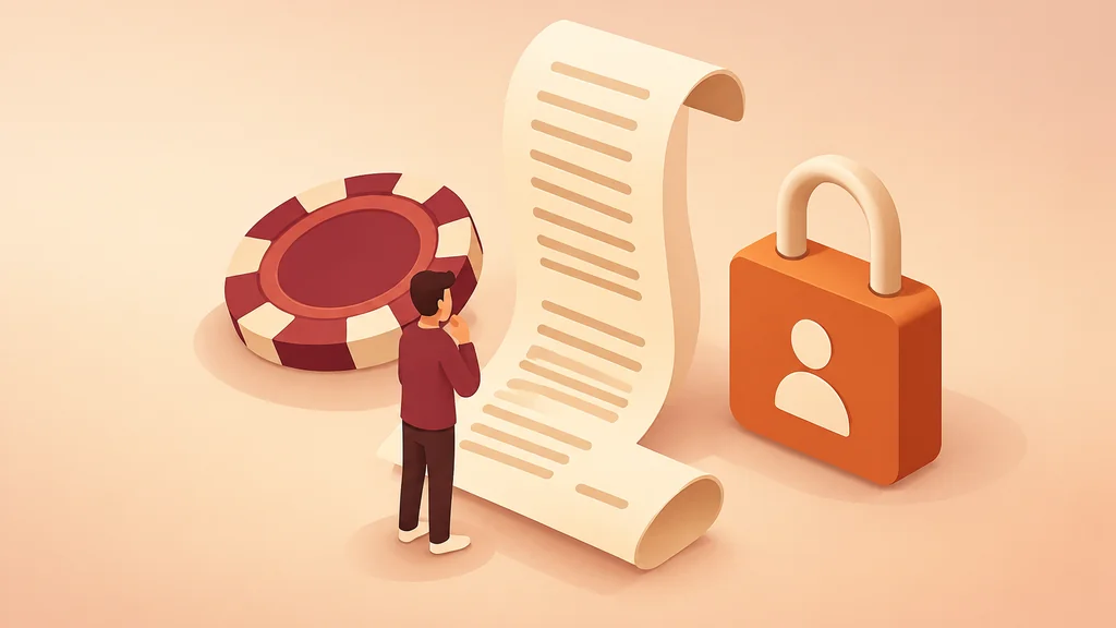 Isometric illustration of a player reviewing casino bonus terms beside a padlock